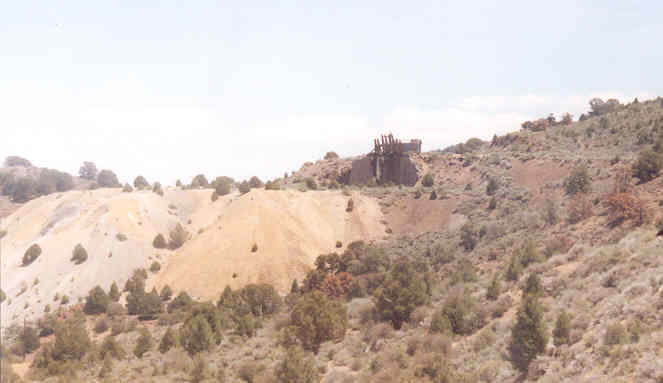 Mine tailings and an old mine foundation as seen on the train ride