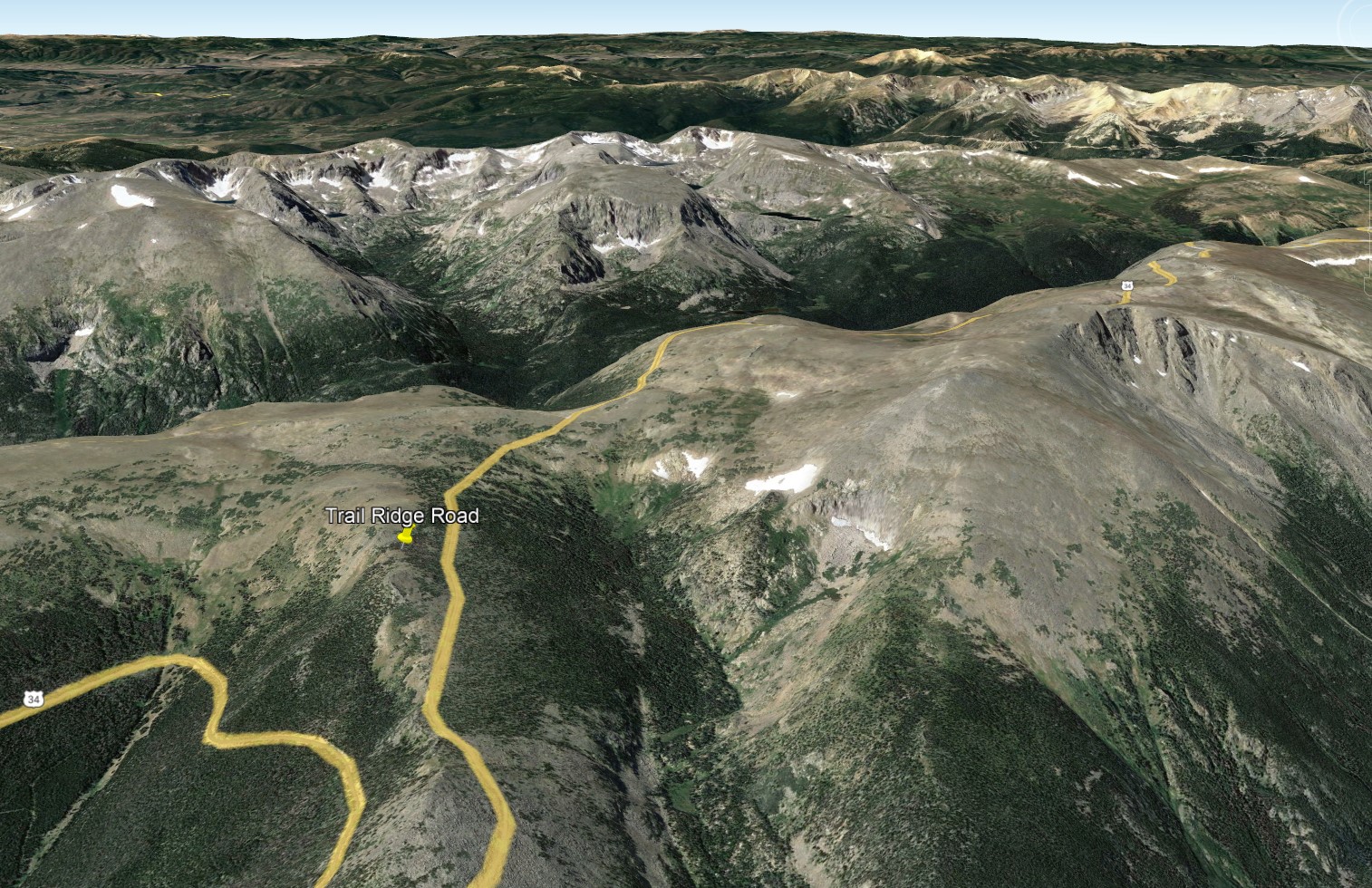 Google Earh image of Trail Ridge Road in Rocky Mountain National Park
