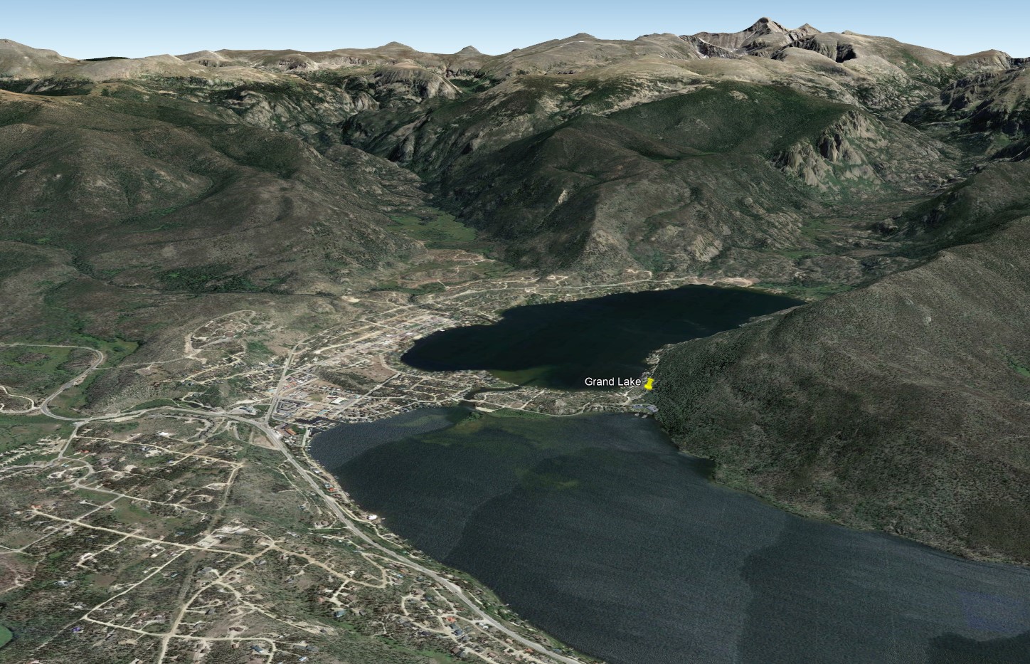Google Earth image of Grand lake and surrounding topography