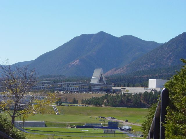 Cadet Chapel in context of other building on campus with mountains in the background