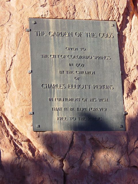 Plaque commemerating donation of land where Garden of the Gods sits
