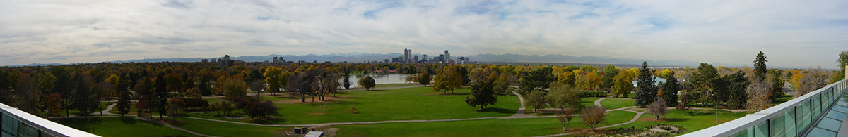 Panoramic view of City Park and downtown Denver
