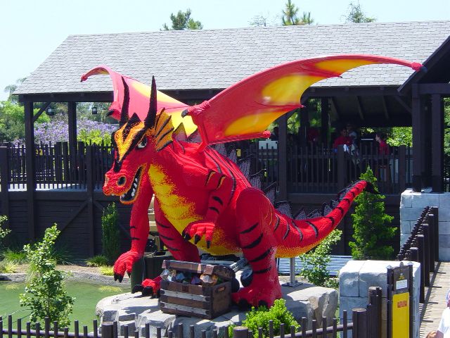 Red LEGO dragon with wingspan over 10 feet