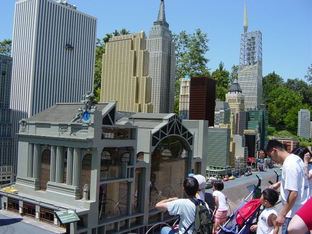 Skyline of New York City with cutaway LEGO model of Grand Central Station