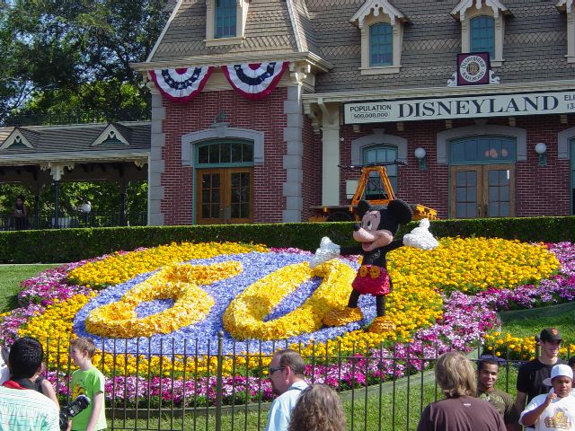 Flowers of different colors form a Mickey Mouse head with 50 in the middle