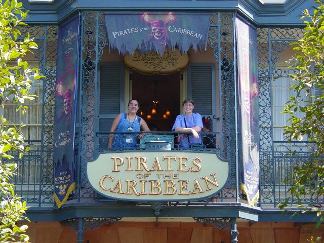 Julie and Mitchelle above the entrance to Pirates of the Caribbean