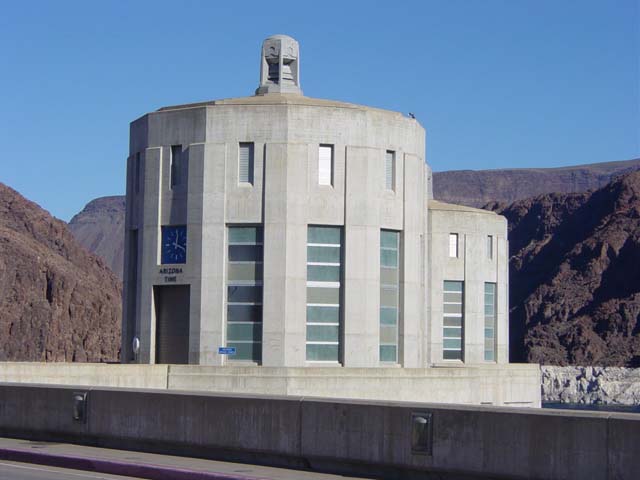Water intake towers with clock showing the time in Arizona