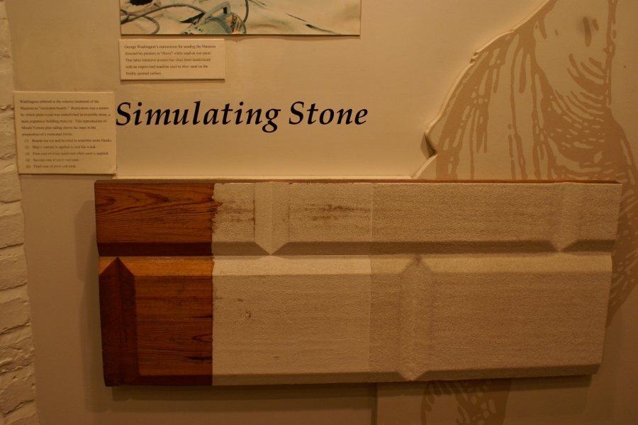 A board showing the different stages of treatment used at Mount Vernon to make shaped planks of wood appear like stone