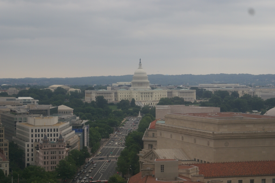 A street runs between green trees toward a large white structure with two wings on either side of a dome central element