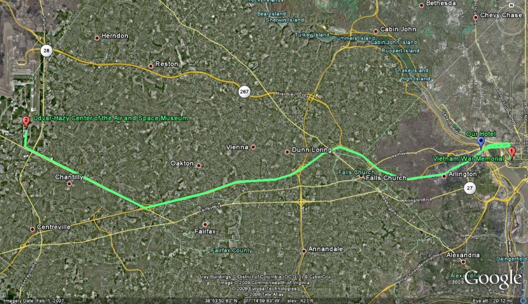 An arial view of the Washington, DC region with a green line and red markers indicating different sites