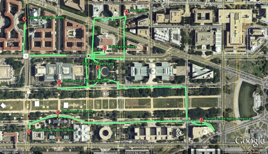 An arial view of the National Mall in Washington, DC with a green line and red markers indicating different sites
