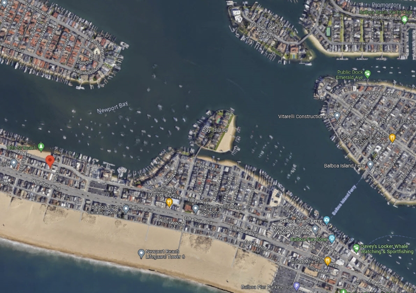 Aerial view of Newport Beach area with a pin showing the location of the rental property we stayed in