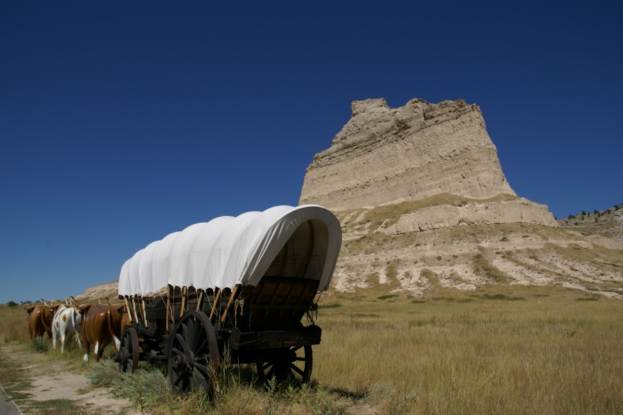 A replica Conestoga Wagon with bright white tarp cover pulled by six fake oxen stands along a dirt walking path with a tall stone butte nearby