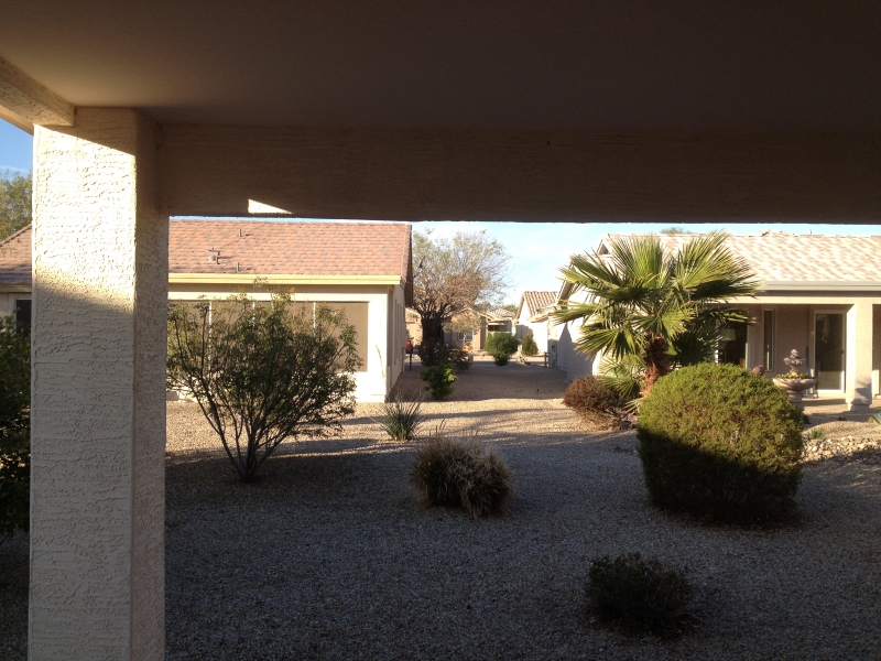 Scrubby green trees grow from a rock yard beyond a small patio