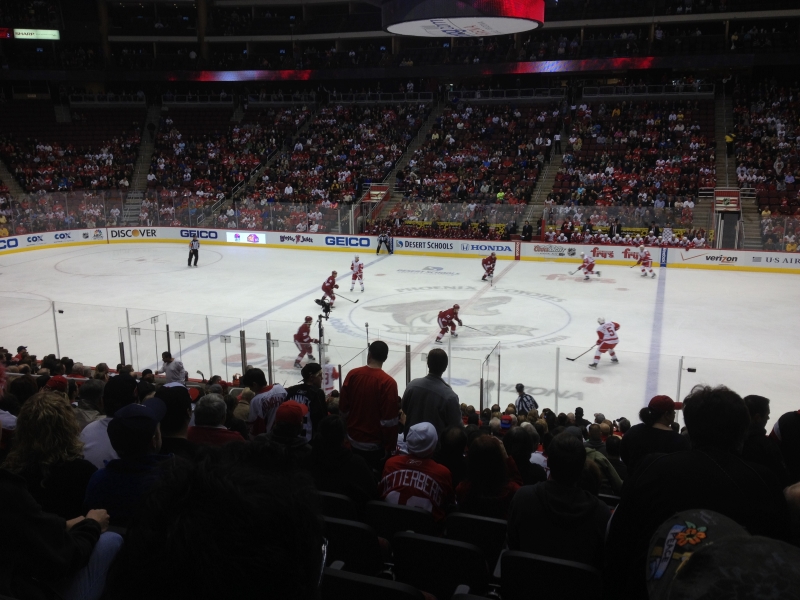 Hockey players skate on the ice during just after the opening faceoff