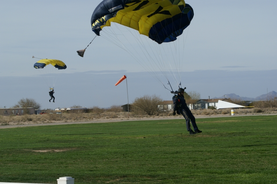 A jumper in a black suit and a yellow and blue Navy parachute is just about to touch down with another from the same jump landing about 20 yards behind
