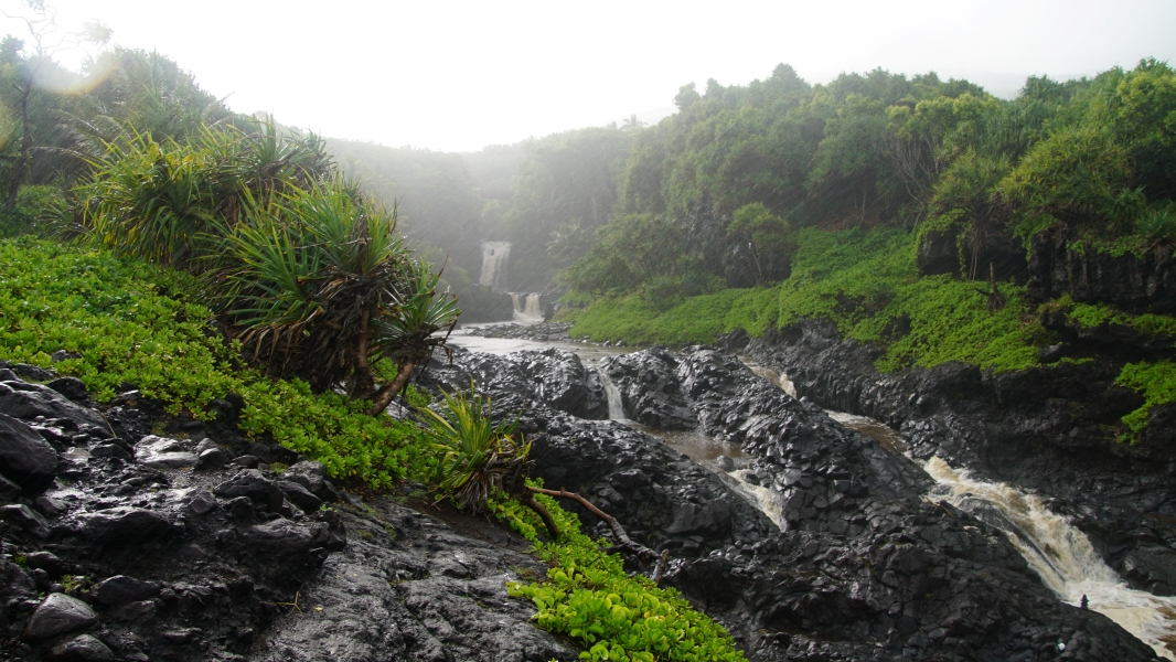 A lush, tropical landscape where a cascading waterfalls tumble into pools at differnet levels of a rocky hillside. The falling rain creates a veil masking the source of the water.