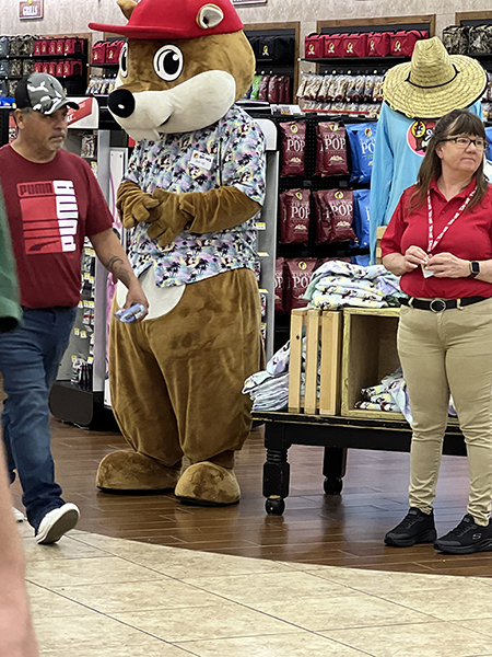 A person dressed in a beaver costume in a store