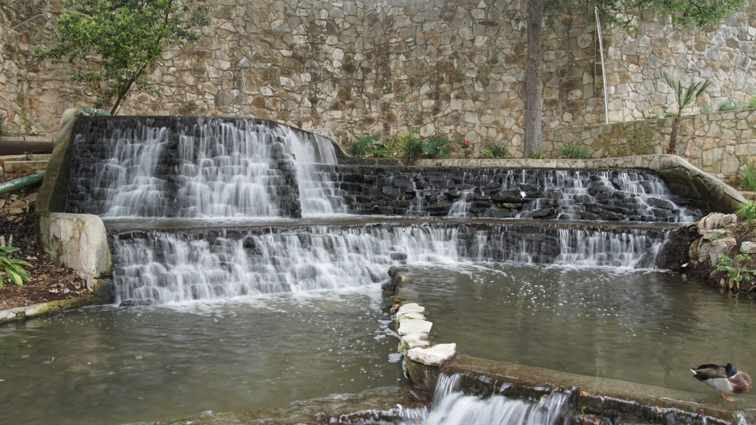 A multitiered fountain with a duck standing on one of the terrace edges
