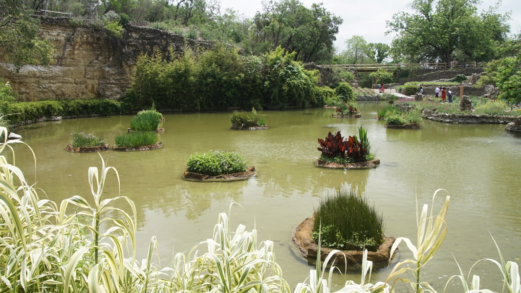 Plants on floats in the middle of a pond surrounded by steep cut stone walls