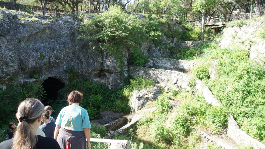 A group descends stairs towards a black opening in a stone wall surrounded by green flowering plants