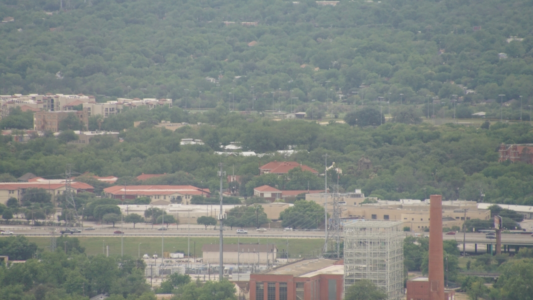 Several buildings visible above the green trees