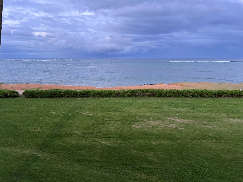 Waves of light blue water lap at a tan, sandy beach beyond a manicured green lawn and concrete walking path