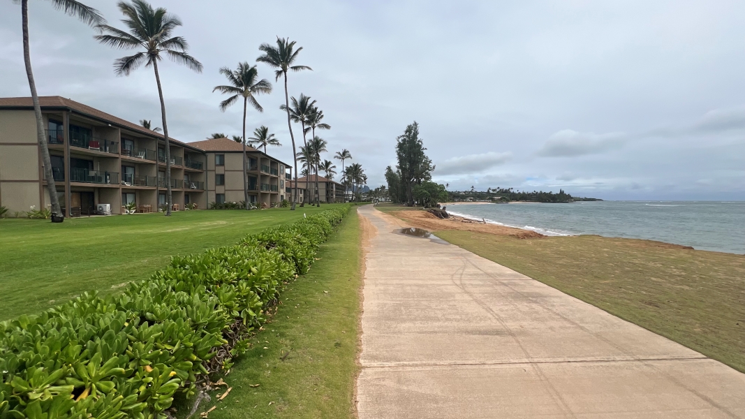 A concrete path runs between a green lawn and hedge separating a group of tan buildings with balconies from narrow sandy beaches and the ocean