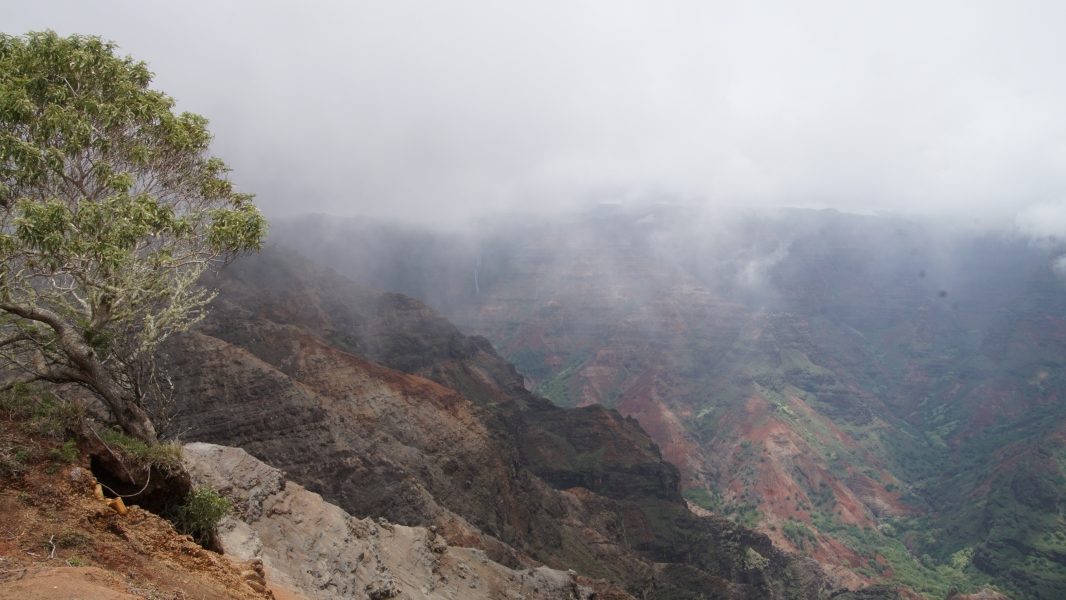 Wisps of cloud hanging down hide the tops of canyon walls with a waterfall just visible in the distance