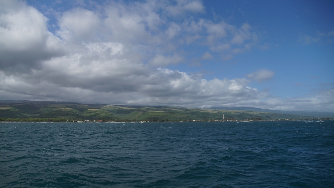 Rolling blue ocean waves give way to green hills rising up from the coast with gray and white puffy clouds over the land and clear blue skies above the water