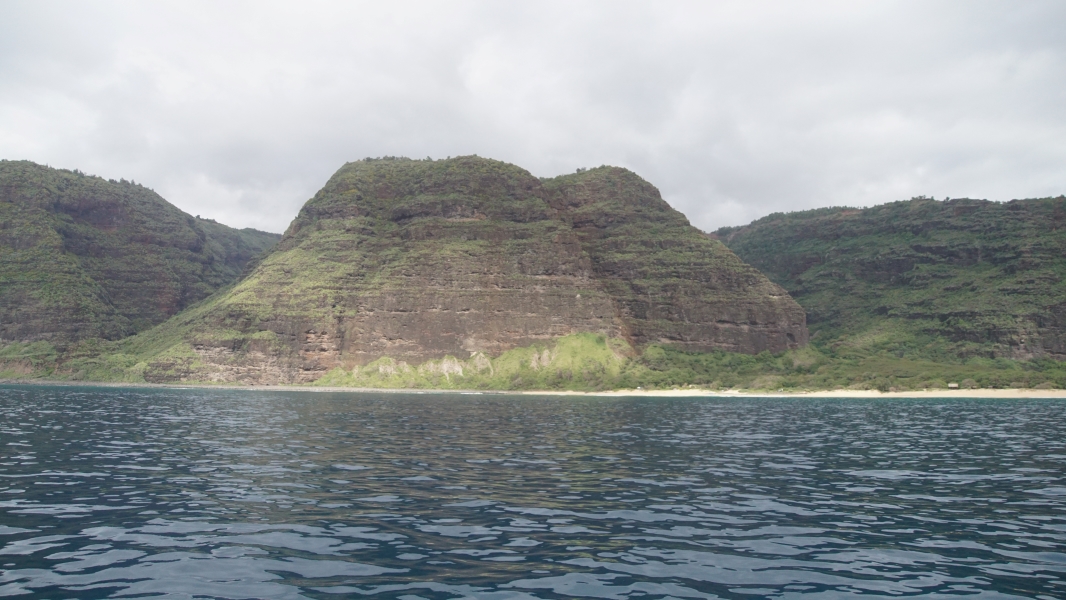 A thin white sandy beach separates blue water from a towering black cliff with green strips where scrubby plants grow on the surface