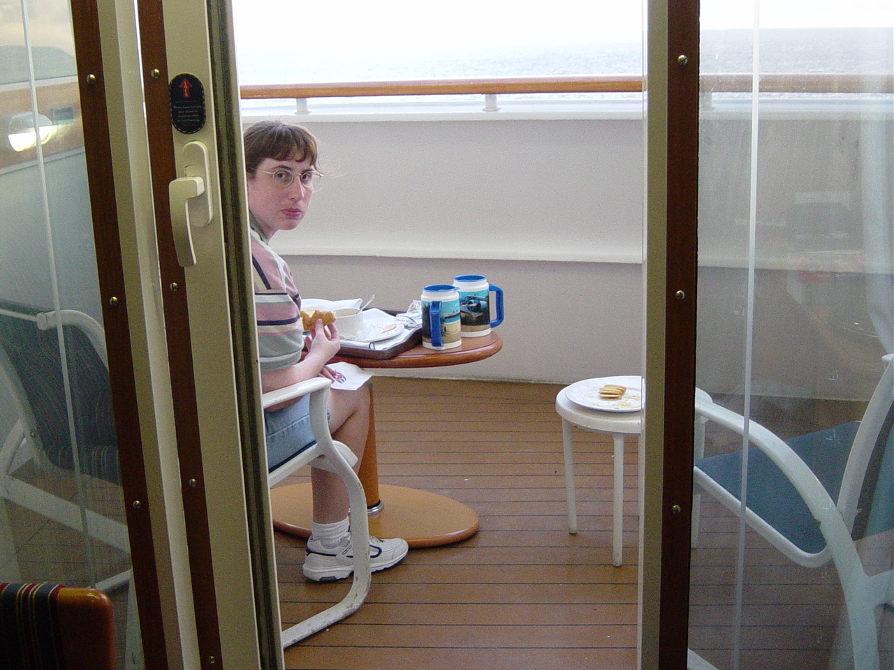 Julie on the veranda through the open door