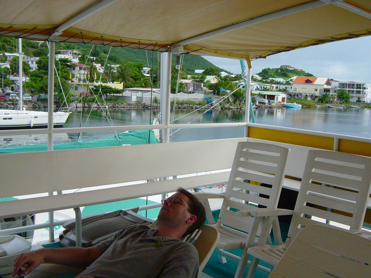 James asleep under awning