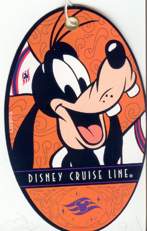 Orange oval tag with Disney's Goofy