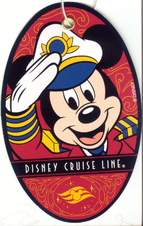 Red oval tag with Disney's Mickey Mouse