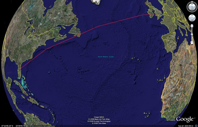 World map with red line from Orlando, Florida to London, England