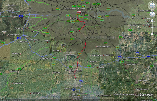 Map of rail route from Gatwick Airport to Central London