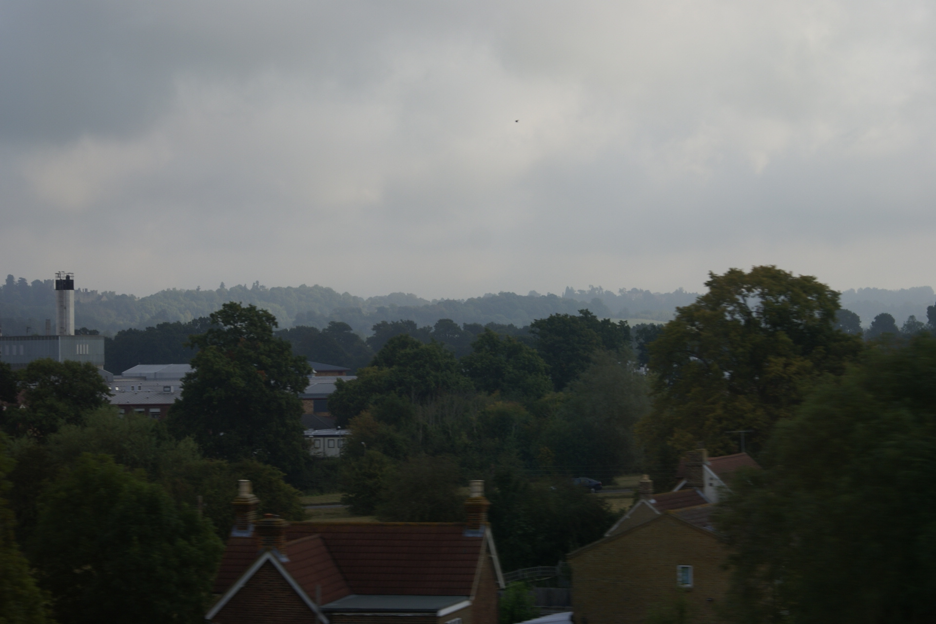 Gray clouds over trees and roof tops