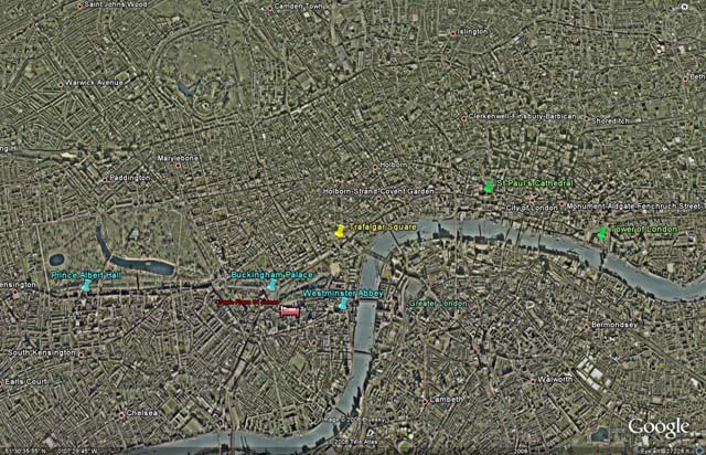 Google Earth image of central London with landmarks identified