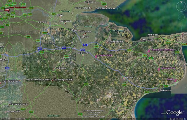 Google Earth image showing route taken by bus tour southeast of London