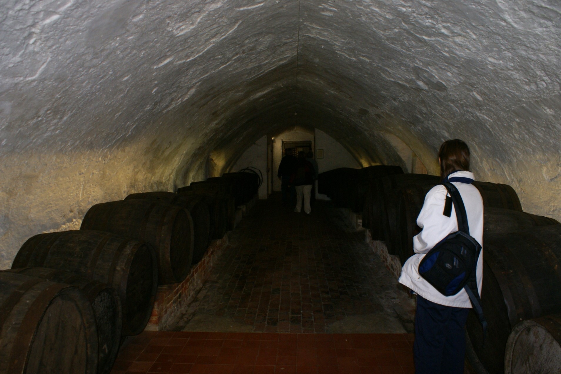 Julie walks through a low arched ceiling space with wooden casks