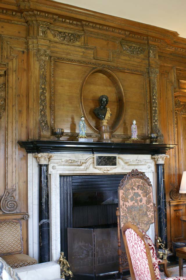 Carved wood wall panels around a black stone and marble fireplace