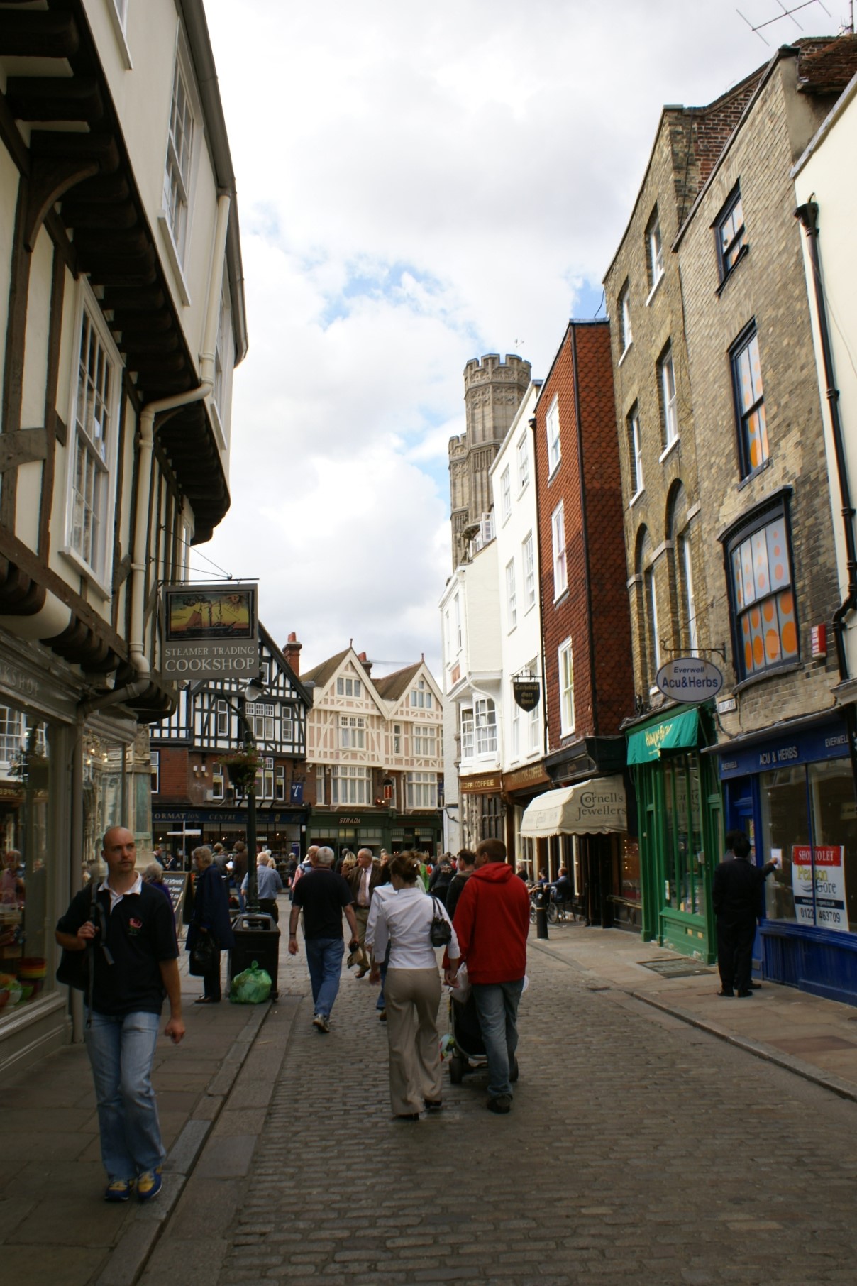 Historic themed buildings house stores along a pedestrian mall