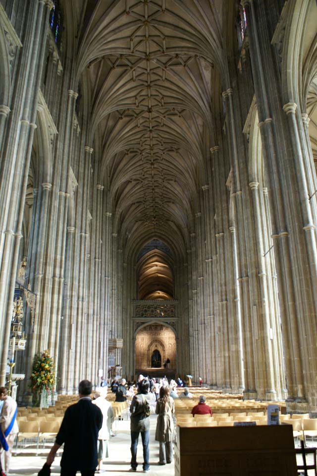 The ceiling of the cathedral sores overhead support on narrow columns allowing natural light to stream into the building