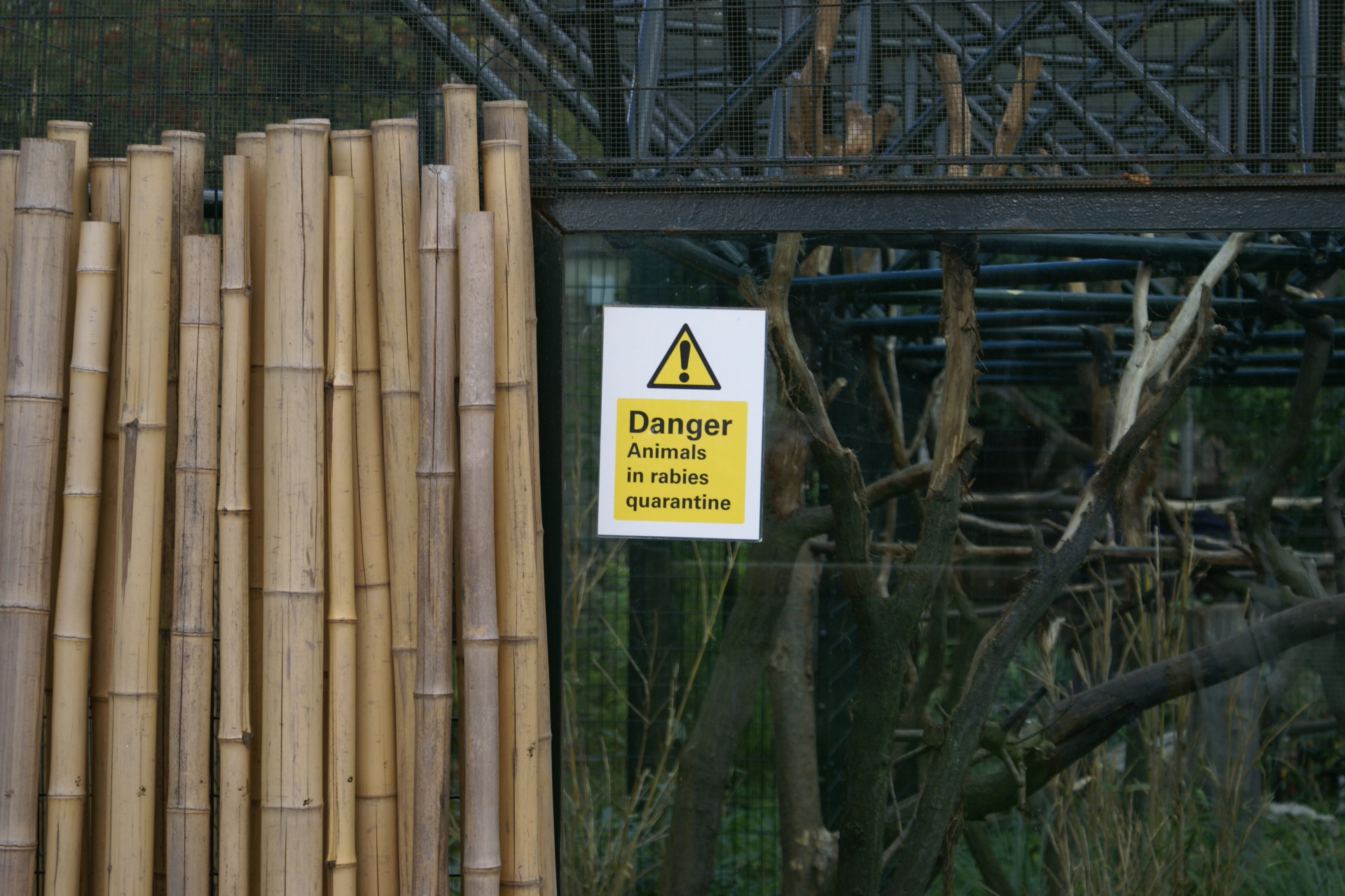 A yellow warning sign taped to a window indicates the animals in that exhibit are isolated because of a rabies infection