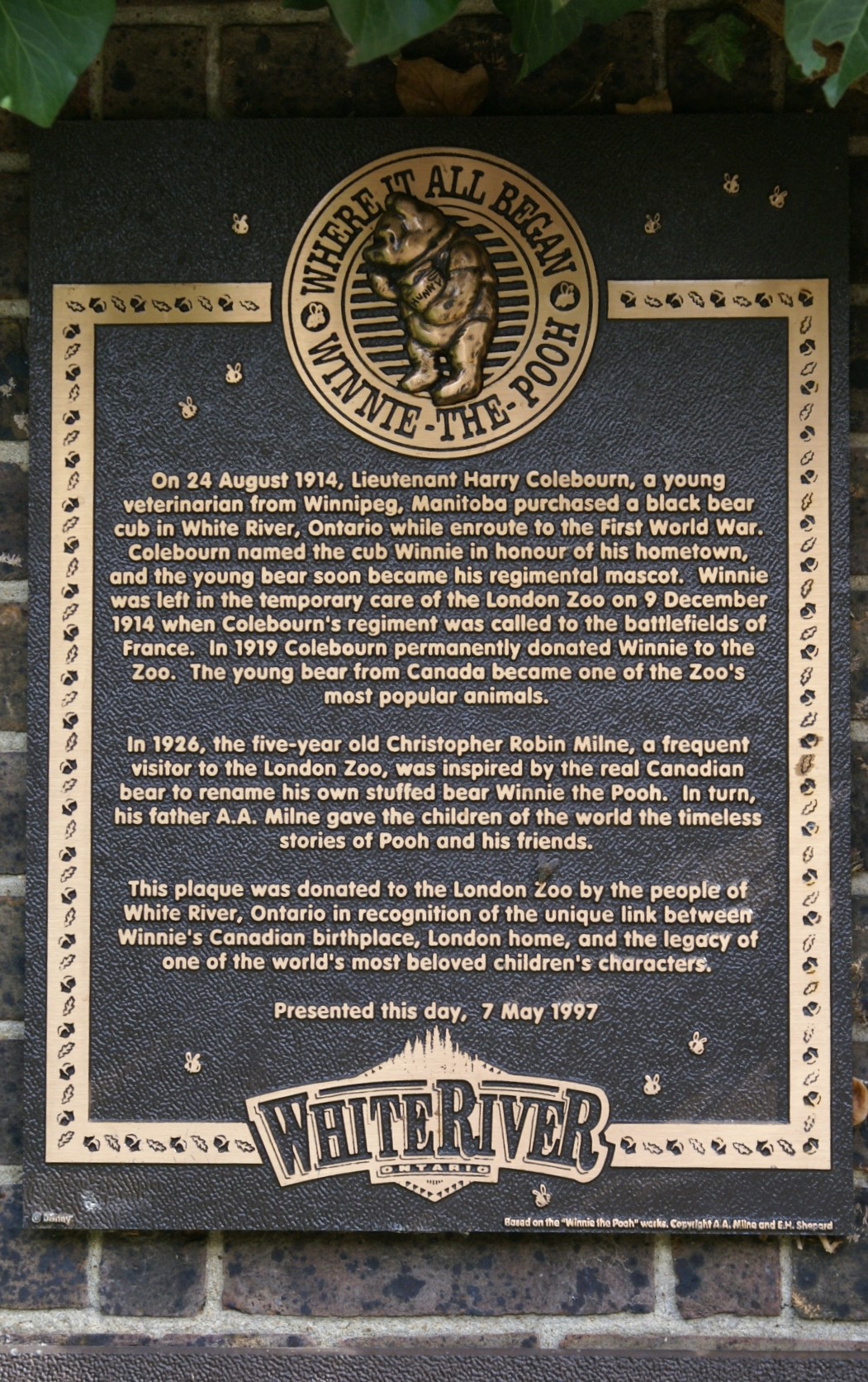 Bronze plaque about the original bear the inspired A. A. Milne’s Winnie the Pooh stories