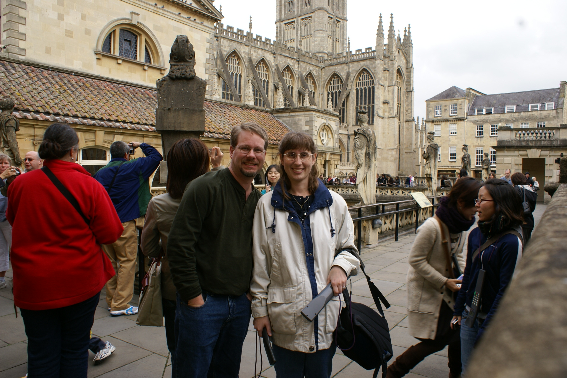 James and Julie at the baths with the abbey church in the distance