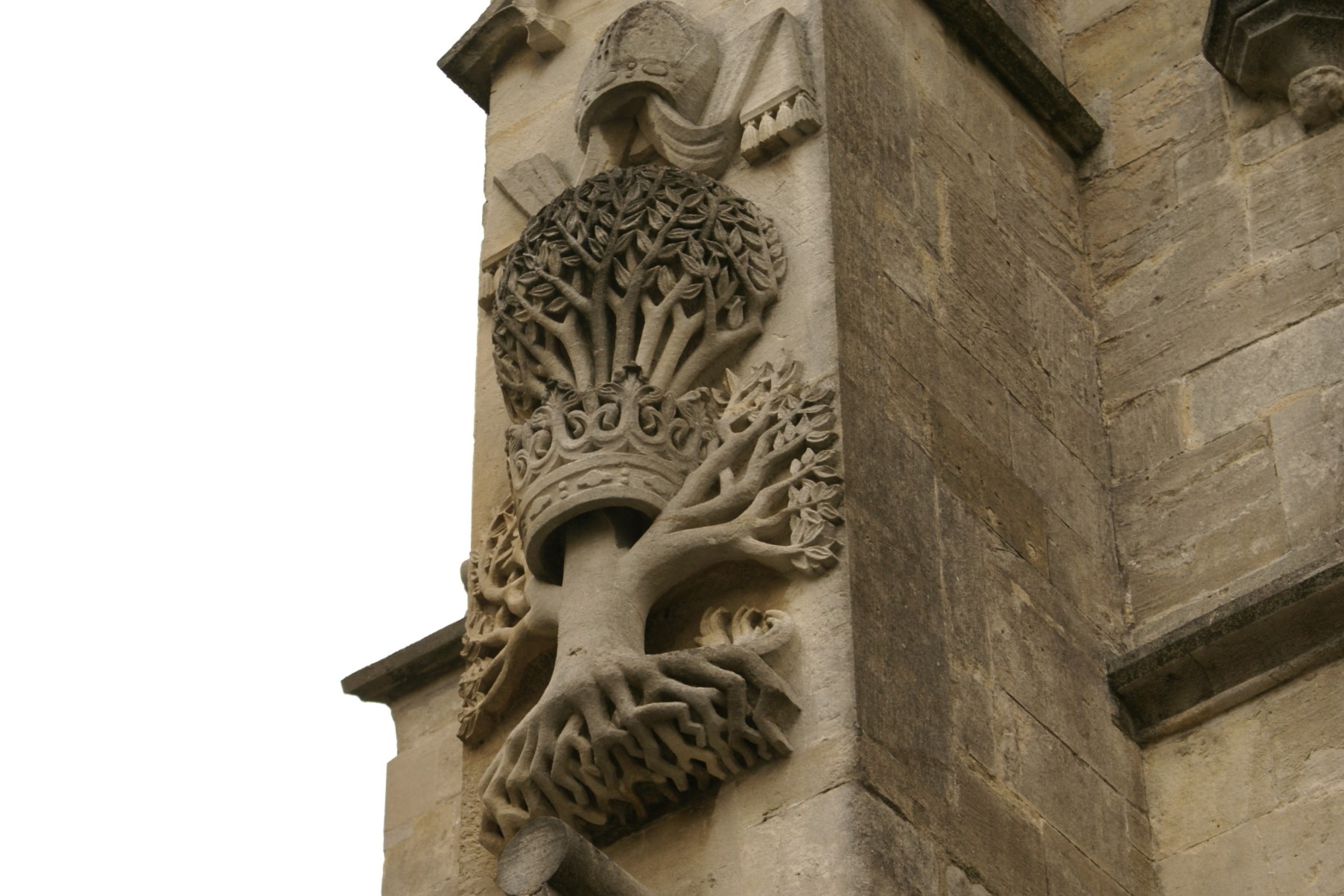 Detail image of a tree and crown carved from stone on the corner of a building