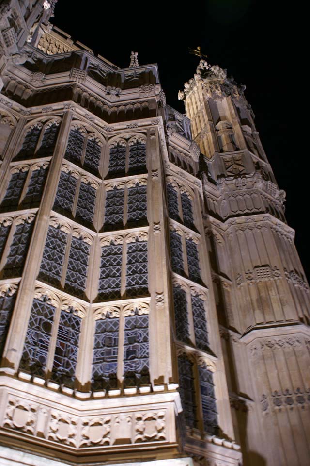 Up lights highlight the details on the outside of Westminster Abbey