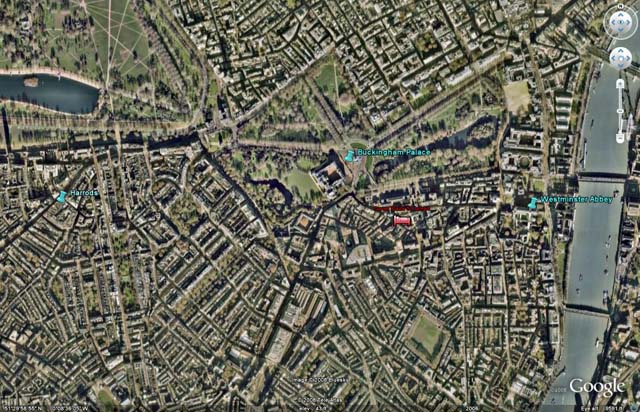 Google Earth aerial of London showing Friday’s points of interest